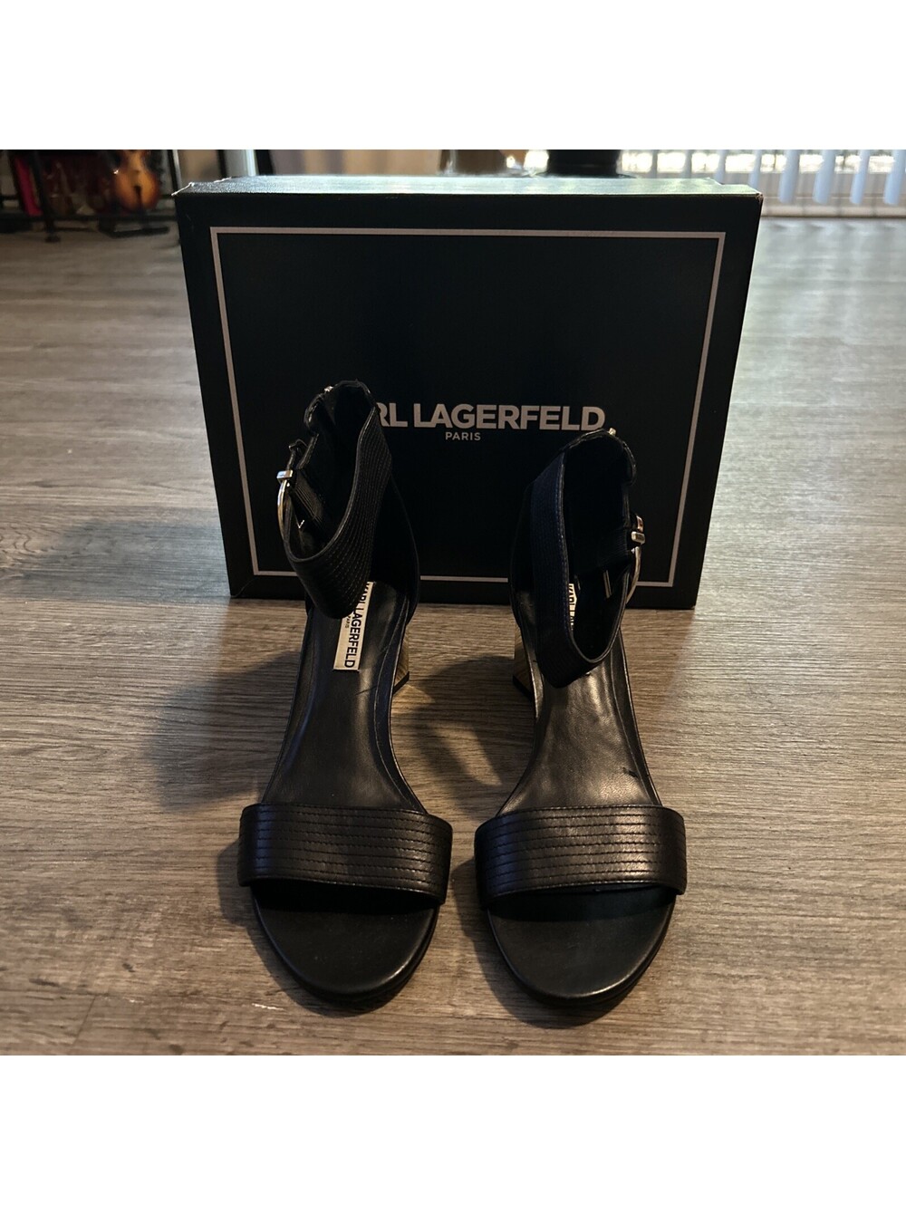 Karl Lagerfeld Paris Haila BLACK LEATHER Mirror Gold Block Heel Sandals 8.5